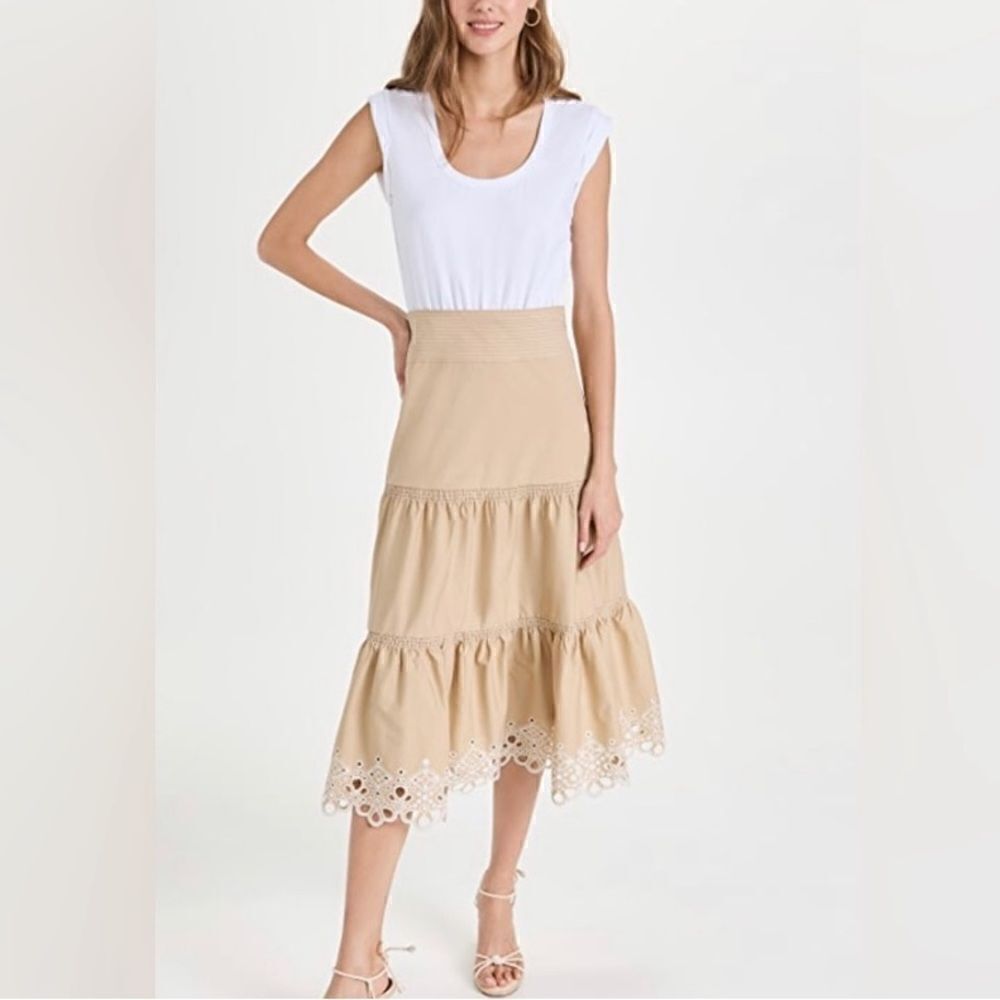 White Khaki Tan Size L Tiered Scoop Neck Eyelet Trim MIDI Dress